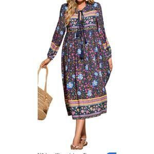 R.Vivimos Women's Long Sleeve Floral 
V Neck Tassel Bohemian Midi Dress Sz L